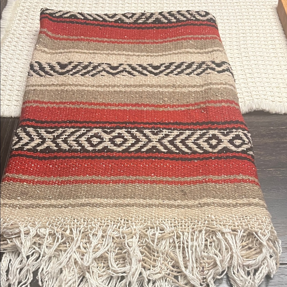 Handwoven Striped Mexican Blanket Throw - Red, Beige, Black